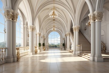 Obraz premium Beautiful front hall in the library with columns and vaulted ceilings, interior lighting, exquisite vintage decor.