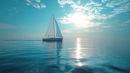 Fototapeta premium Sailboat gliding across calm waters under bright sky, creating s