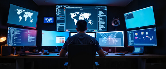 Man working at computer desk with multiple screens displaying global data in dark room