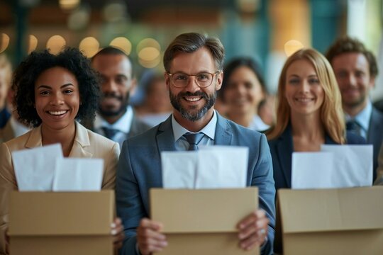 diverse group of happy businesspeople holding voting papers at a conference table.