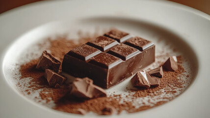 Chocolate bar with cocoa powder on a white plate