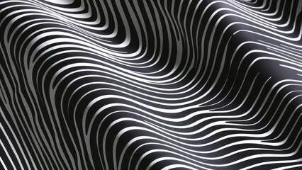 Naklejka premium An abstract pattern of flowing black and white lines undulating in a wave-like motion, creating a dynamic and modern visual appeal.