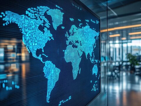 A glowing social media map displayed in a naturally lit office, representing the global reach of followers