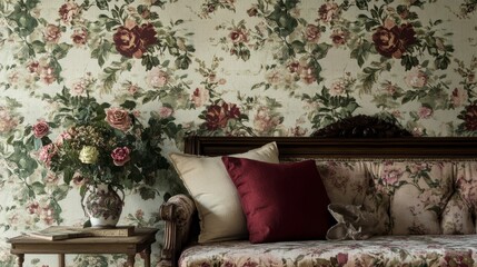 Floral wallpaper, antique sofa, flowers, pillows, side table.