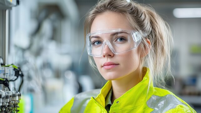 Focused female engineer in safety glasses and high-visibility jacket.