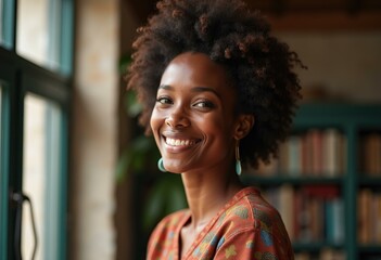 Fototapeta premium A woman with an afro smiles brightly while wearing an orange patterned shirt.