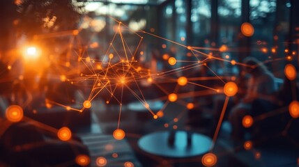 A professional networking event captured in a sunlit lounge, glowing notifications highlighting digital connections