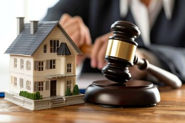 close-up photo of a judge with a house model hitting a gavel on a desk, symbolizing divorce, property, real estate, and law.