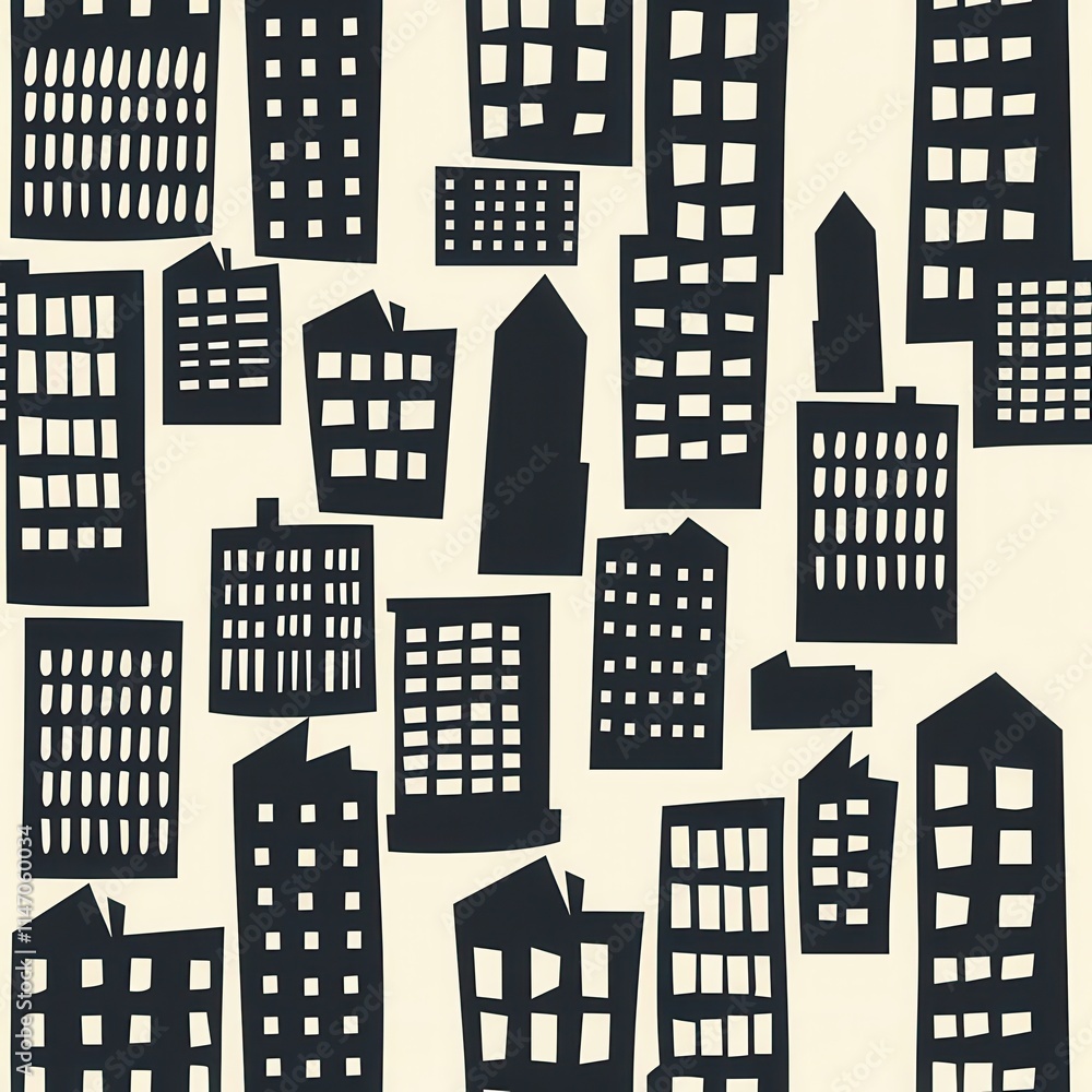 Poster abstract cityscape design featuring various buildings in black and white style for modern artwork de