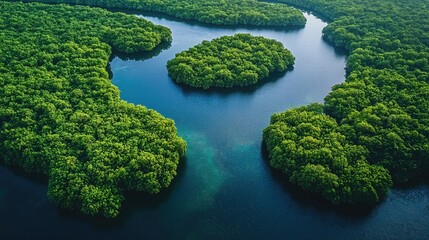 Aerial view of lush green mangrove islands surrounded by tranquil blue waters.