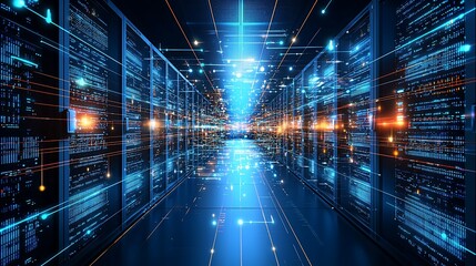 Obraz premium Futuristic server room with data streams.
