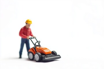 miniature people figure holding mower isolated on white background