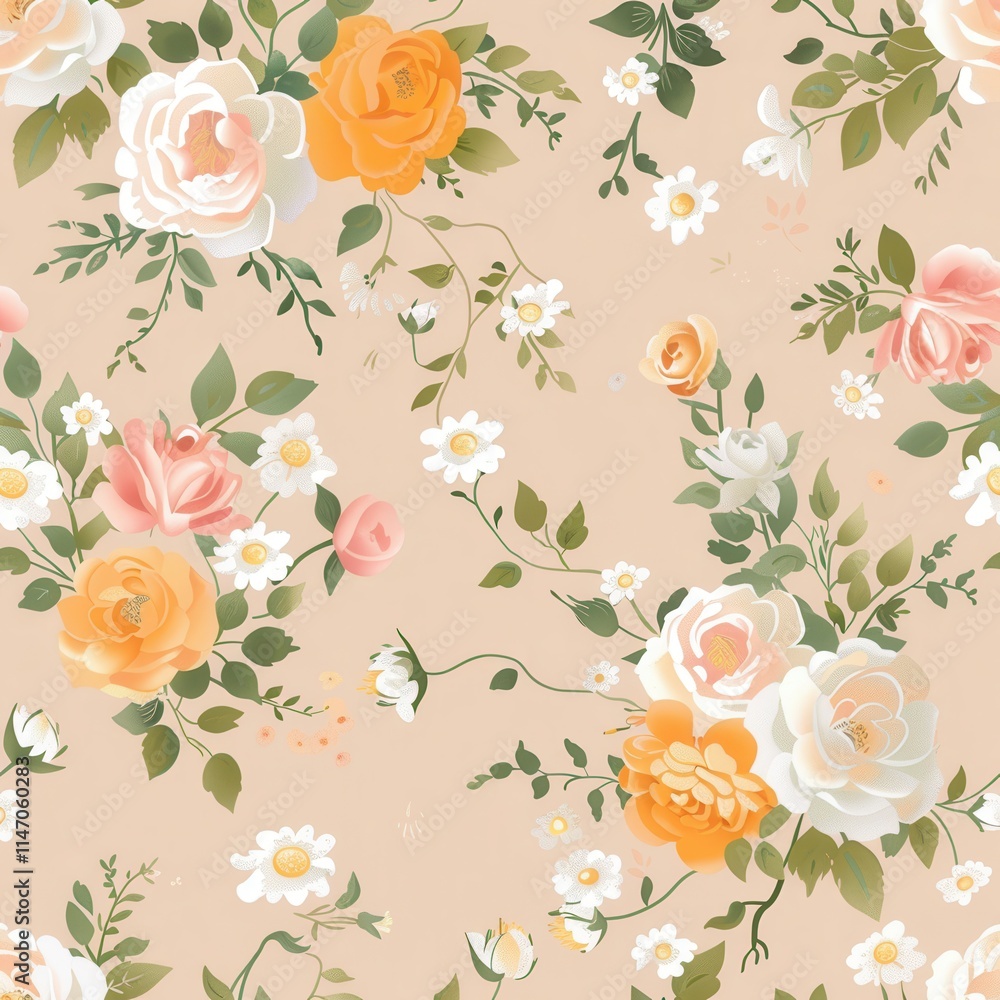 Poster decorative floral pattern with various roses and daisies on a soft beige background for artistic des
