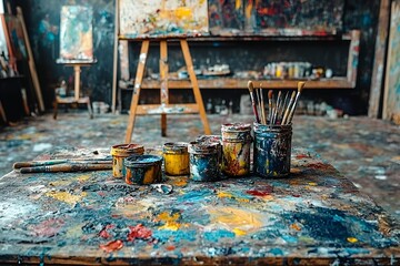 Artist&rsquo;s studio filled with jars of paint, brushes, and easel surrounded by a colorful mess of paint splashes