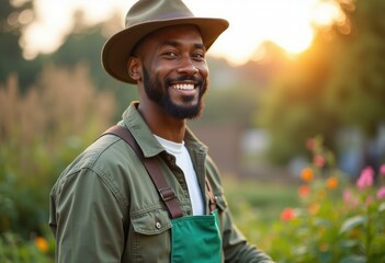 Obraz premium A happy man in a hat and green jacket smiling in a garden.