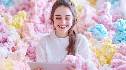 Happy woman using tablet in pastel clouds.