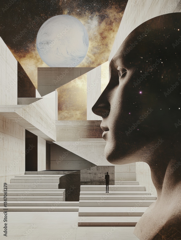 Fototapete Step into a virtual gallery where stunning artworks and avatars come to life against a backdrop of cosmic wonders and unique architecture. Generative AI