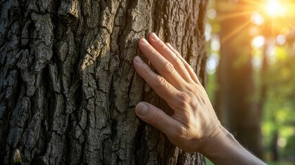 Hand gently touching textured bark tree sunlit forest connection nature