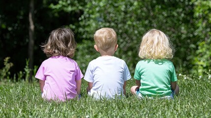 Fototapeta premium Three toddlers sitting on grass, viewed from behind.