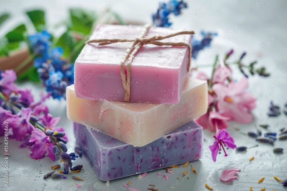 Poster three bars of soap are stacked on top of each other, surrounded by flowers and tied with string