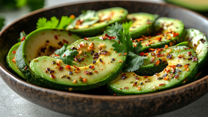 Spicy avocado slices with cilantro in a bowl