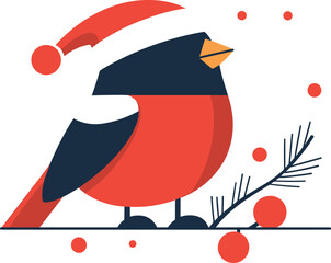Flat Illustration of cute bird wearing christmas hat, santa clause cap