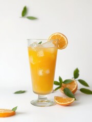 A refreshing glass of orange juice, perfectly chilled, sits on a white background, healthy, background, studio shot