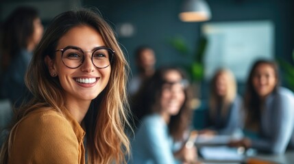 Business Woman Smiling at Camera in Meeting Room