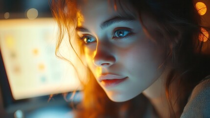 A social media manager reviewing ad performance on a glowing monitor, natural light streaming into the workspace