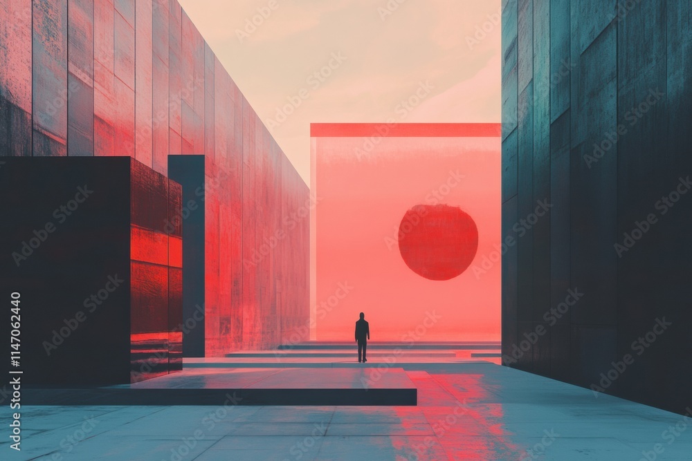 Poster A solitary figure explores a vibrant digital gallery filled with abstract artworks, illuminated by striking colors and shapes, evoking wonder. Generative AI