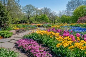 Vibrant garden filled with colorful flowers showcasing natural beauty during a sunny day in spring