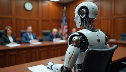 Innovative robot judge presiding over a courtroom filled with curious legal professionals