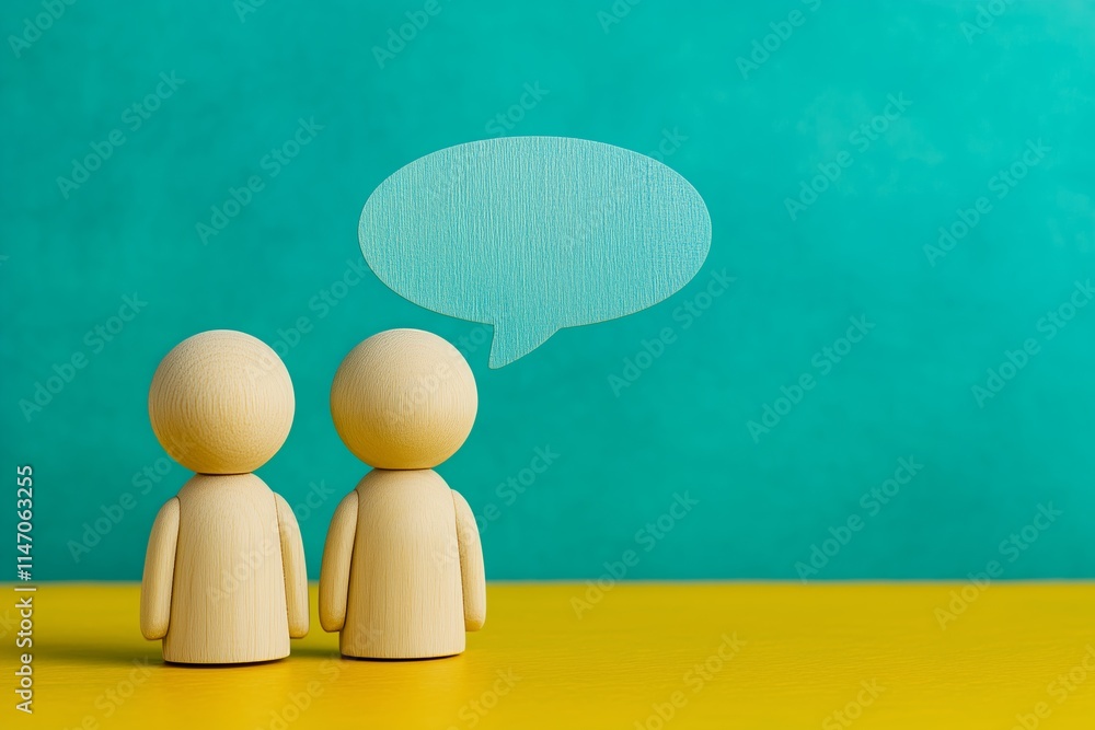 Poster wooden human figures with a speech bubble on a turquoise background with copy space, symbolizing com