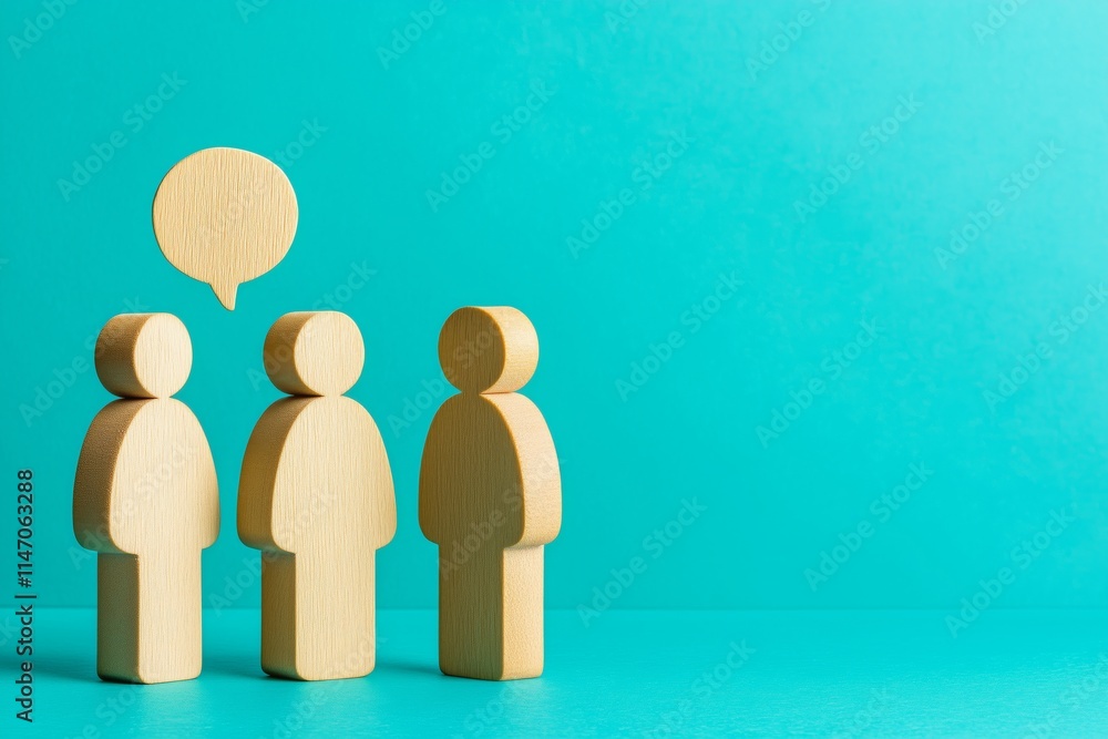 Poster wooden human figures with a speech bubble on a turquoise background with copy space, symbolizing com