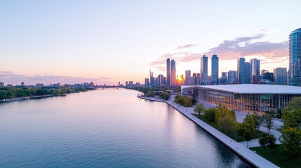 Obraz premium Serene sunset over city skyline & waterfront park.