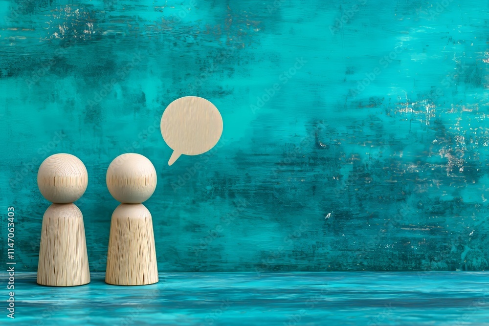 Poster wooden human figures with a speech bubble on a turquoise background with copy space, symbolizing com