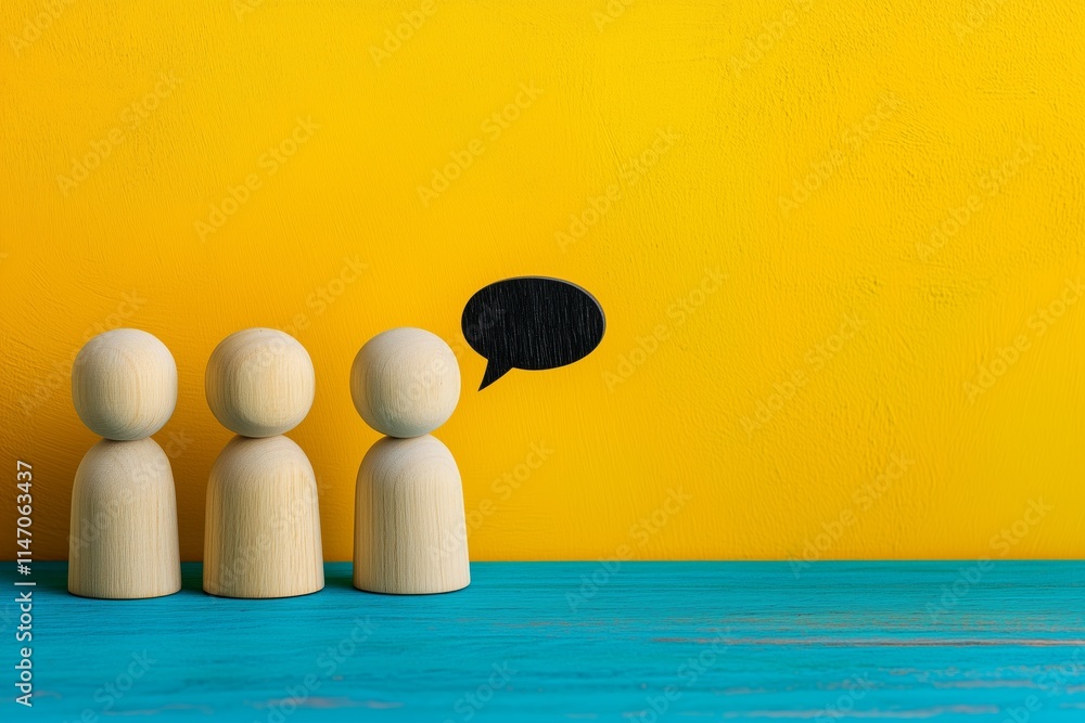 Poster wooden human figures with a speech bubble on a turquoise background with copy space, symbolizing com