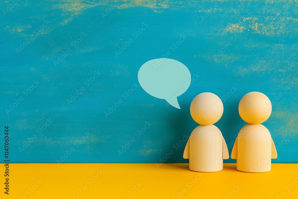 Poster wooden human figures with a speech bubble on a turquoise background with copy space, symbolizing com
