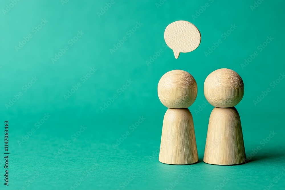 Poster wooden human figures with a speech bubble on a turquoise background with copy space, symbolizing com