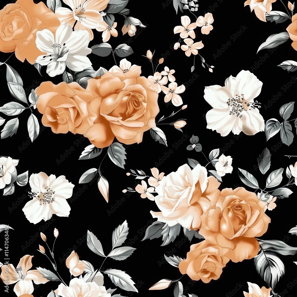 Poster Beautiful floral pattern featuring soft orange and white roses with dark background creating elegant design. Generative AI