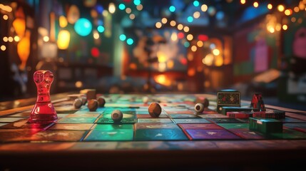 Board game in progress, colorful tiles, festive lights.