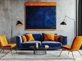 Stylish Living Room with Blue Accent Wallpaper