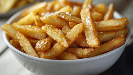 Golden crispy fries in a white bowl
