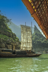 1669 Sampan with sails up on the Yangtze River, China