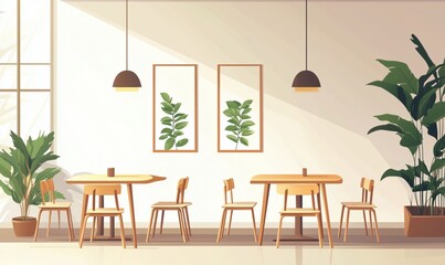 Modern interior design with plants, wooden furniture, and natural light. Bright, airy space featuring tables, chairs, and decorative wall art.