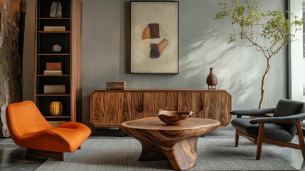 Modern living room, wood furniture, orange chair.