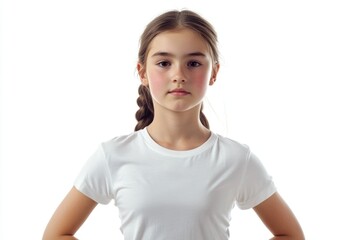Fototapeta premium Young girl in white T shirt doing sports exercise on white.