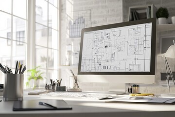 Modern engineering desk with blueprints displayed on computer screen and organized workspace in bright room. Generative AI