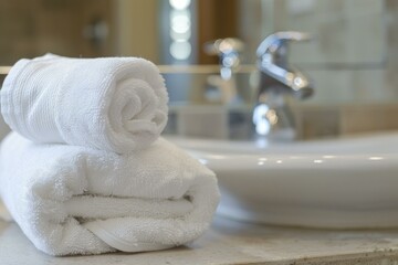 Clean white towels folded on bathroom countertop with faucet in background