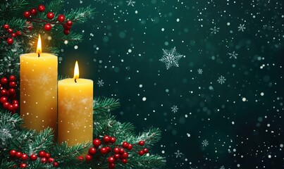 Candles with Christmas decorations, glowing candles surrounded by pine branches and red berries, snowflakes falling in background